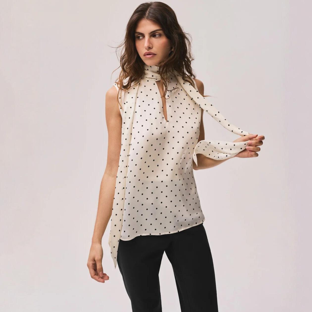 Cross-border European and American women s clothing new French polka dot vest shirt summer commuter style sleeveless lace-up chiffon top women S