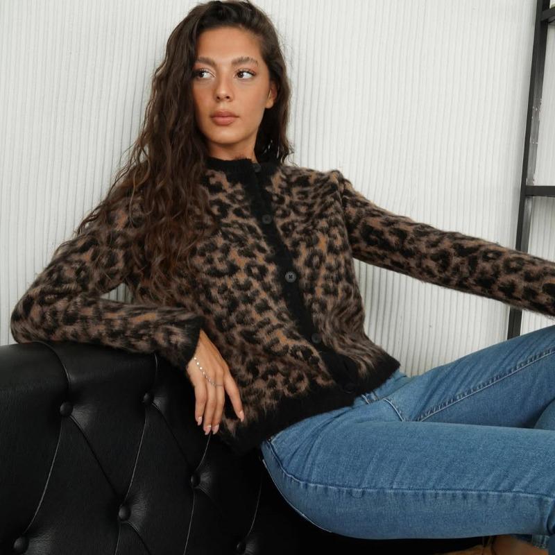 Leopard Print Knit Cardigan Women's Loose O-Neck Long Sleeve Casual Color Block Sweater Fashion Button Cardigan Top Y2k