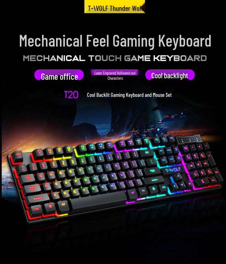 T-WOLF T20 Thunderwolf Backlit Gaming Keyboard - Wired, Multilingual (Arabic, Spanish, Russian).