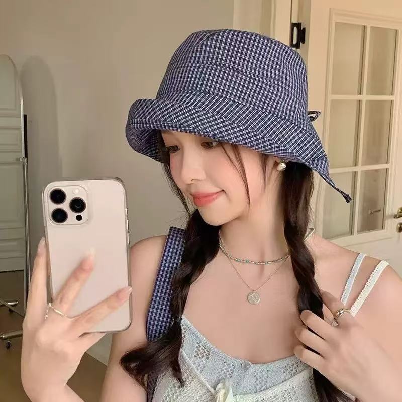 

1pc Summer Plaid Bucket Caps for Women,Curled Quick-dry Plaid Foldable Fisherman Cap Outdoor Big Brim Sun Protection Basin Caps синий