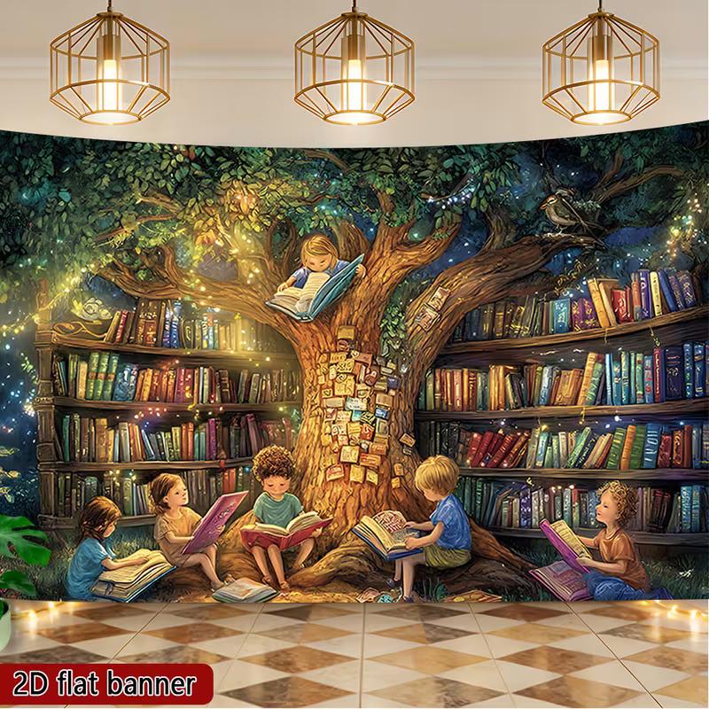 2D Verzauberter Baum-Buch-Wandteppich, Kinder lesen mit leuchtendem Bücherregal-Baum-Hintergrund für Geburtstagsfeier
