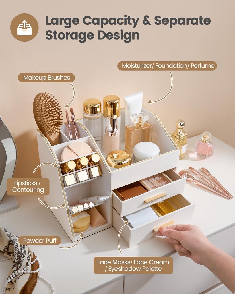 Lolalet Makeup Organizer with PU Spacious Skincare Storage Display Case for and Beauty for Vanity and Easy To Clean Cream Drawer, Leather, Holder,