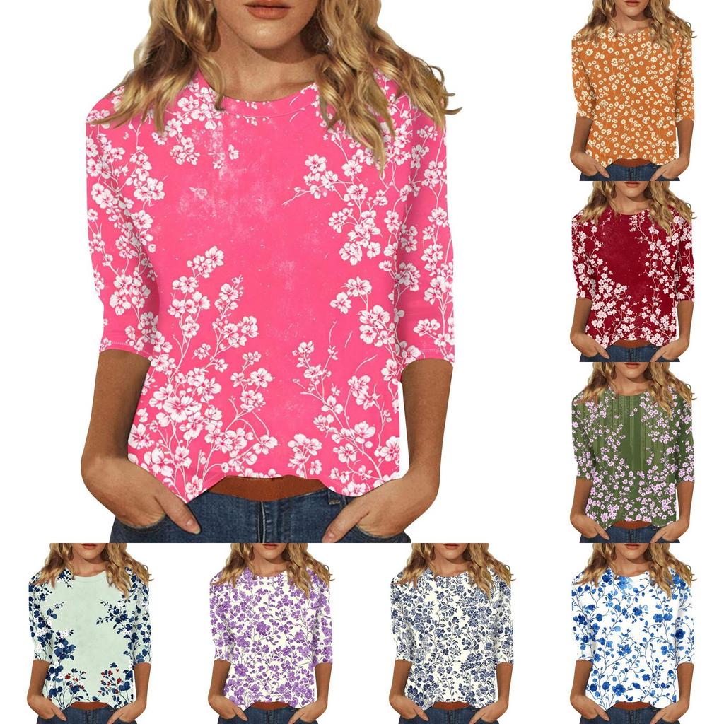 Damen Casual Blumenmuster Dreiviertelarm Rundhalsausschnitt Oberteil Leicht Bequem Sitzend Weicher Stoff Bluse für den Alltag