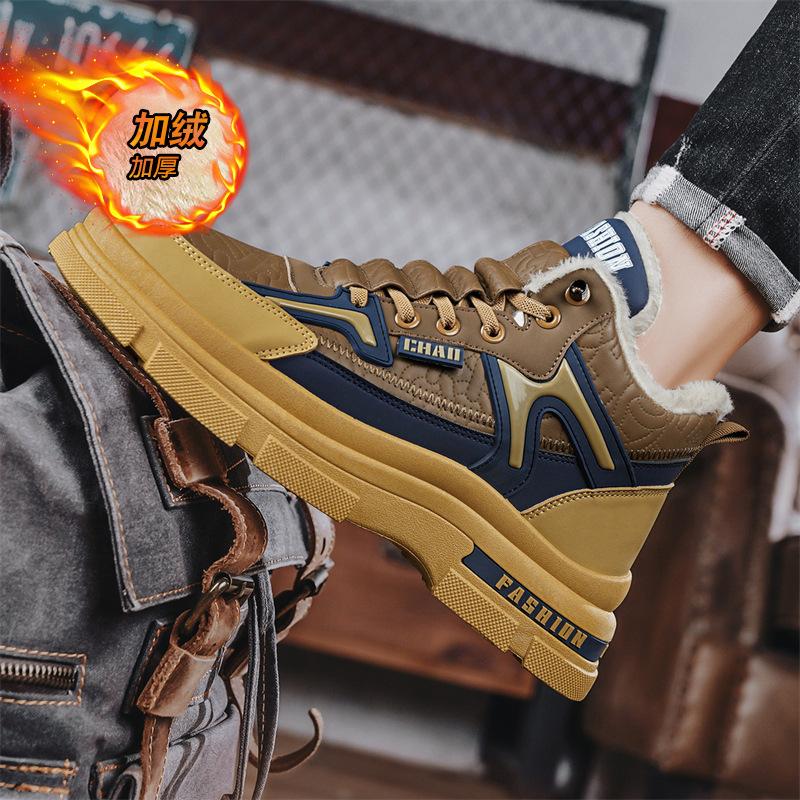 Medium leather velvet Martin boots outer wear foot cover warm snow boots men's platform cotton shoes S783-1