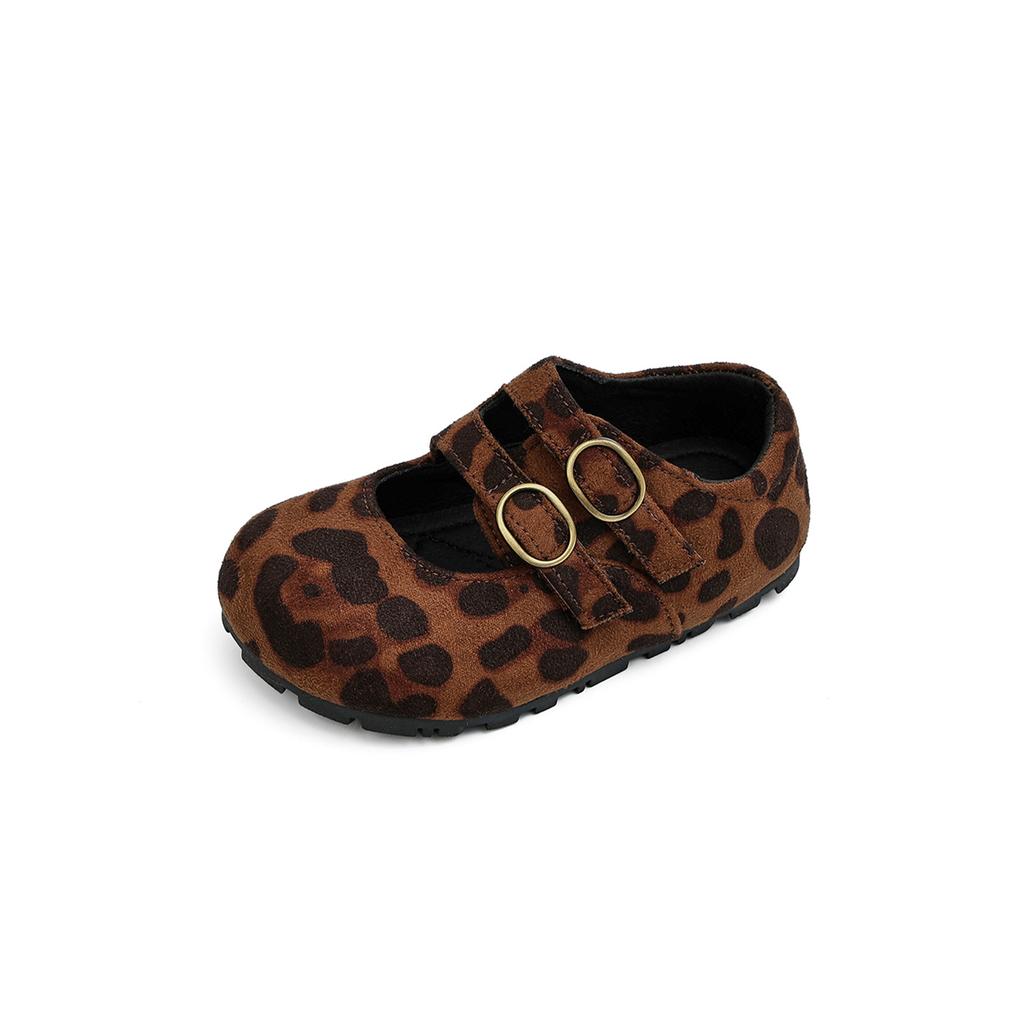 XSHX Leopard Print Girl Mary Jane Velcro Design Rubber Sole Retro Versatile Autumn New Wide Show Toe Head Princess