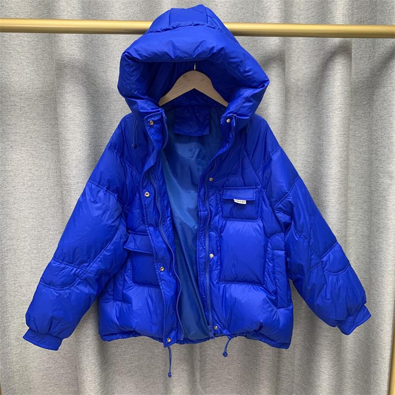 Zima Podzim Ženy Volný Polstrovaný Zip Jednobarevné Módní Bunda S Kapucí Límec Vše Odpovídající Teplý Bílý Kabát