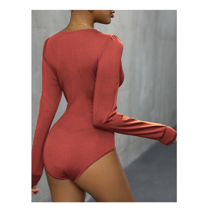 YYFS Damenmode Lässig Einfarbig Druck Frühling Herbst Langarm V-Ausschnitt Bodys