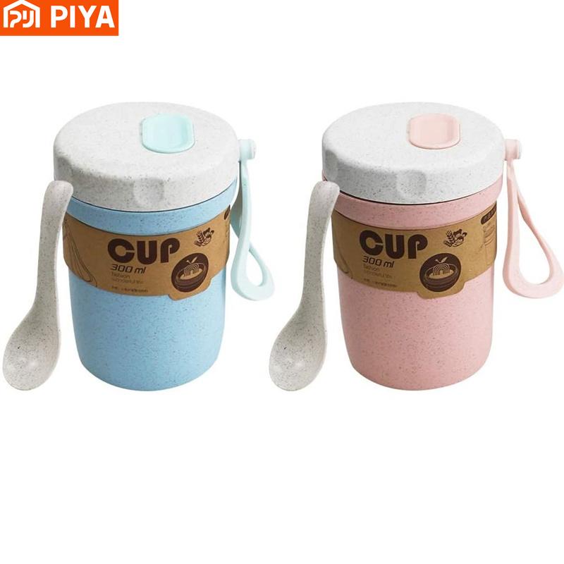 Wheat Straw Coffee Cups, Portable Microwaveable Breakfast Cup, 3 Colors Reusable Healthy Drinking Mugs with Spoon for School Off