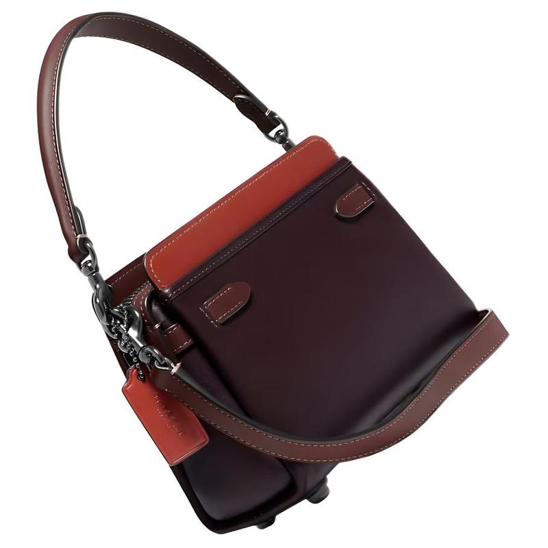 Coach Tate 18 Bow Carriage Logo Colorblock Snap Pocket Hardware Buckle Leather Hand Shoulder Crossbody Bag Small Women's Red and Dark Brown