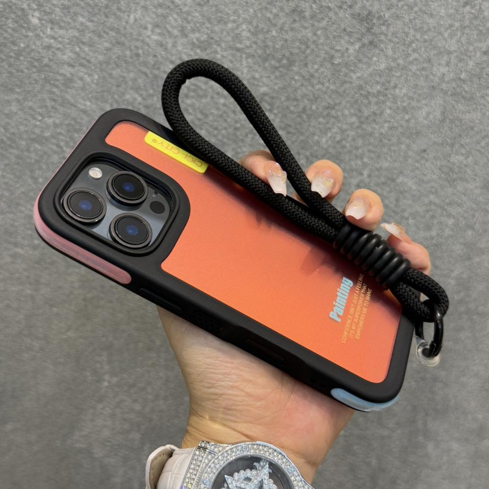 Candy Contrast Color Laser Wrist Strap Case For iPhone 14 15 16 17 Pro Max Frosted IMD Anti-Loss Cord Lanyard Soft Bumper Cover