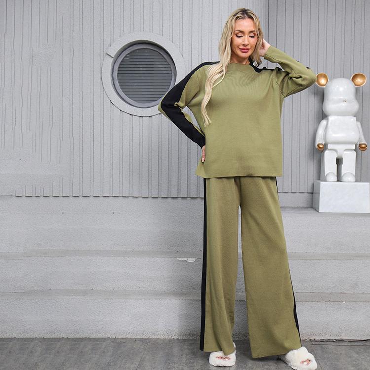 Conjunto de dos piezas de suéter de punto casual para mujer de otoño invierno, tops de manga larga tipo jersey y pantalón de pierna ancha, chándal