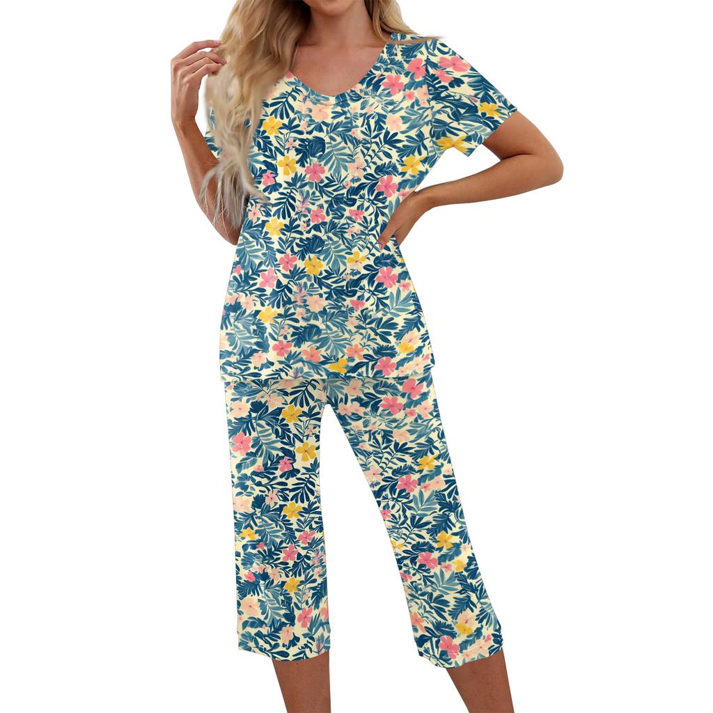 2 Piece Sets For Women Short Sleeve Top And Pants With Pockets Workout Soft Print Sets