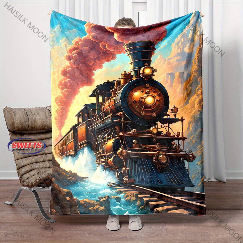 3D Vintage Train Print Flannel Queen Blanket - Soft Cozy Blanket for Couch, Sofa, or Bed, Office Travel Camping Holiday Gifts