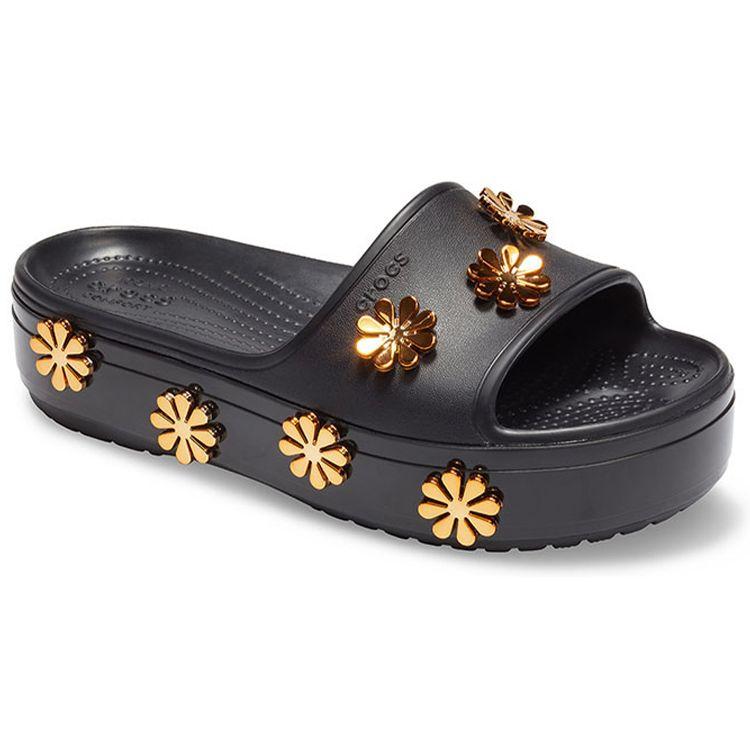 Crocs Cb Platform Metallic Blooms Sld Simple Casual Thick Sole Slippers Black Women Slippers 205717-001