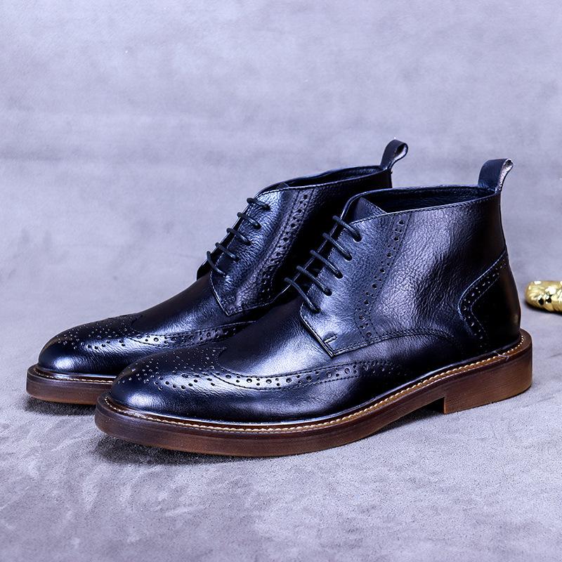 Fashion Men's Autumn Winter Plus Velvet Warm Carved Brogue Leather Shoes Street Cowhide Lace-Up Boots Male British Retro Tooling Boots