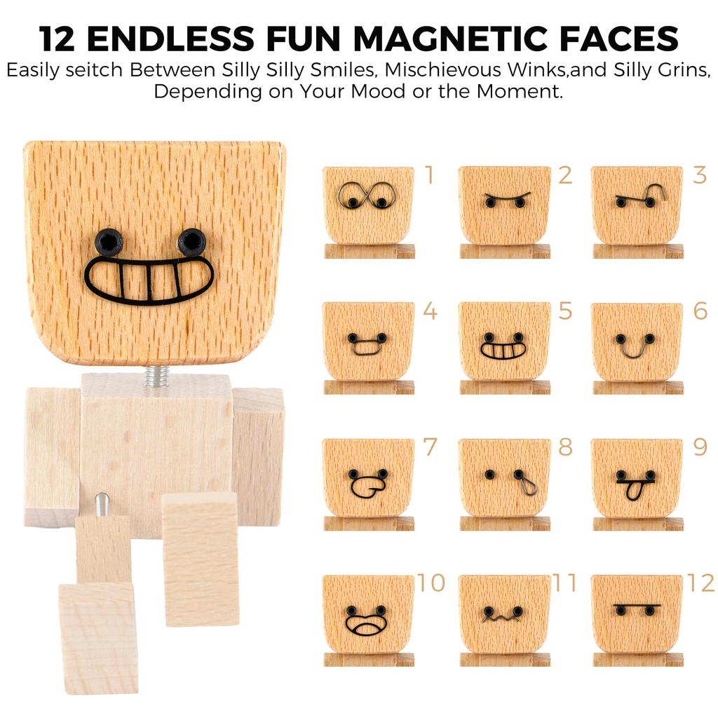 Handmade Shaking Wooden Figurine with 12 Magnetic Interchangeable Faces & Spring Legs - Stress Relief Home Decor Accent for Office Desk, Car Dashboard