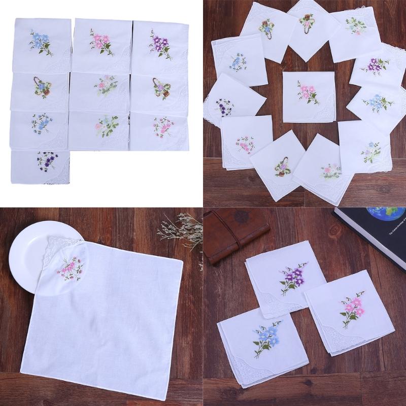 10pcs Soft Cotton Handkerchief Embroidered Flower Women Delicate Handkerchiefs for Daily Use