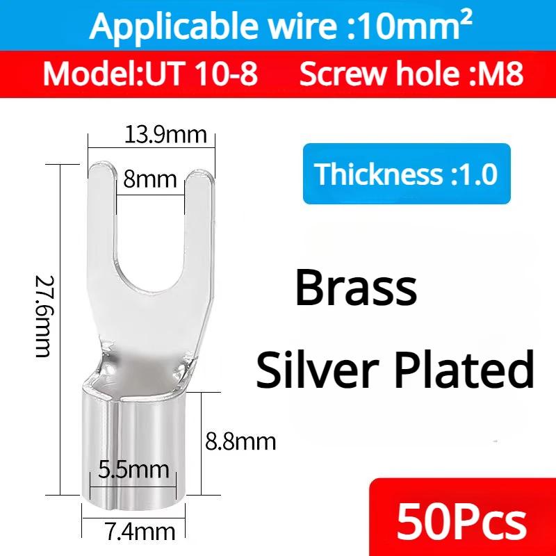 50PCS UT1.5 -10 Non-Insulated Ring Fork U-Type Terminal Tin-Plated Copper Terminals Assortment Kit Cable Wire Connector Crimp