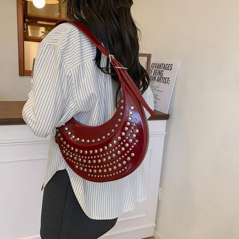 

Дизайнерская сумка на плечо с заклепками, сумки-полумесяцы с заклепками, летняя новая женская сумка с металлическим подмышечным ремешком, ретро-сумки на плечо с заклепками и горошком красный