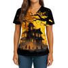 Women's Halloween Printed V-Neck Double Pocket Short Sleeves Hem Slit Uniform Caregiver Top
