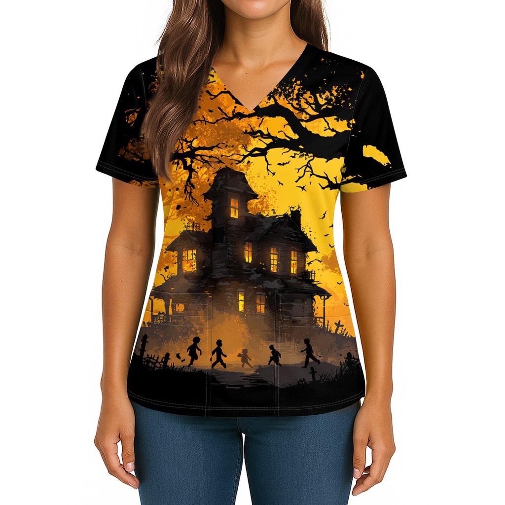 Women's Halloween Printed V-Neck Double Pocket Short Sleeves Hem Slit Uniform Caregiver Top
