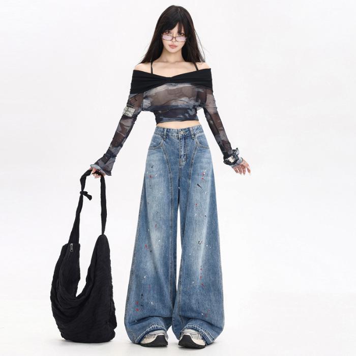 American High Street Retro Graffiti Wide-Leg Jeans – Women s Autumn Distressed Floor-Length Pants Medium