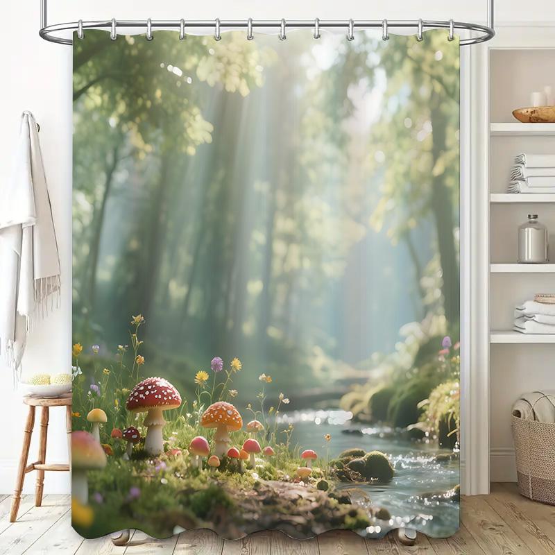 

Enchanting Forest Mushroom Stream Shower Curtain With Sunbeams Lush Greenery Waterproof Polyester Fabric Complimentary Hook W60H190(CM)-1 Pcs
