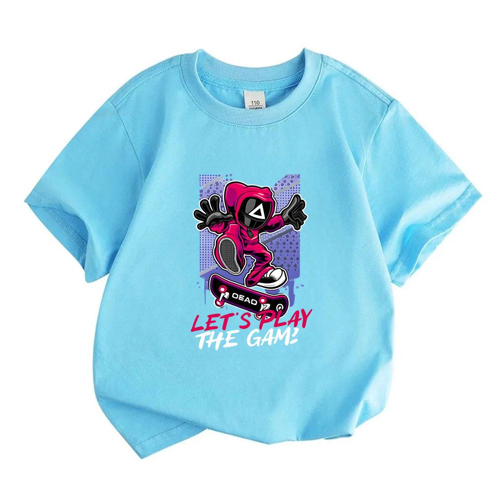 Kids Boys Girls 100% Cotton Crew Neck Short Sleeve T-Shirt, Cool Game Mask Character Skateboard Print Casual Tees, Let's Play The Game Pattern Soft Su