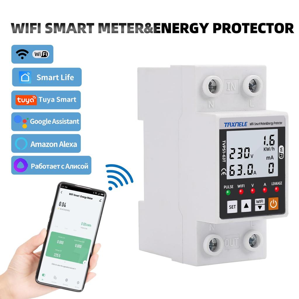 WiFi Smart Energy Meter AC 63A 80-300V WiFi Smart Earth Leakage Over Under Voltage Protector Relay Device Switch Breaker Energy Power kWh Meter Smart