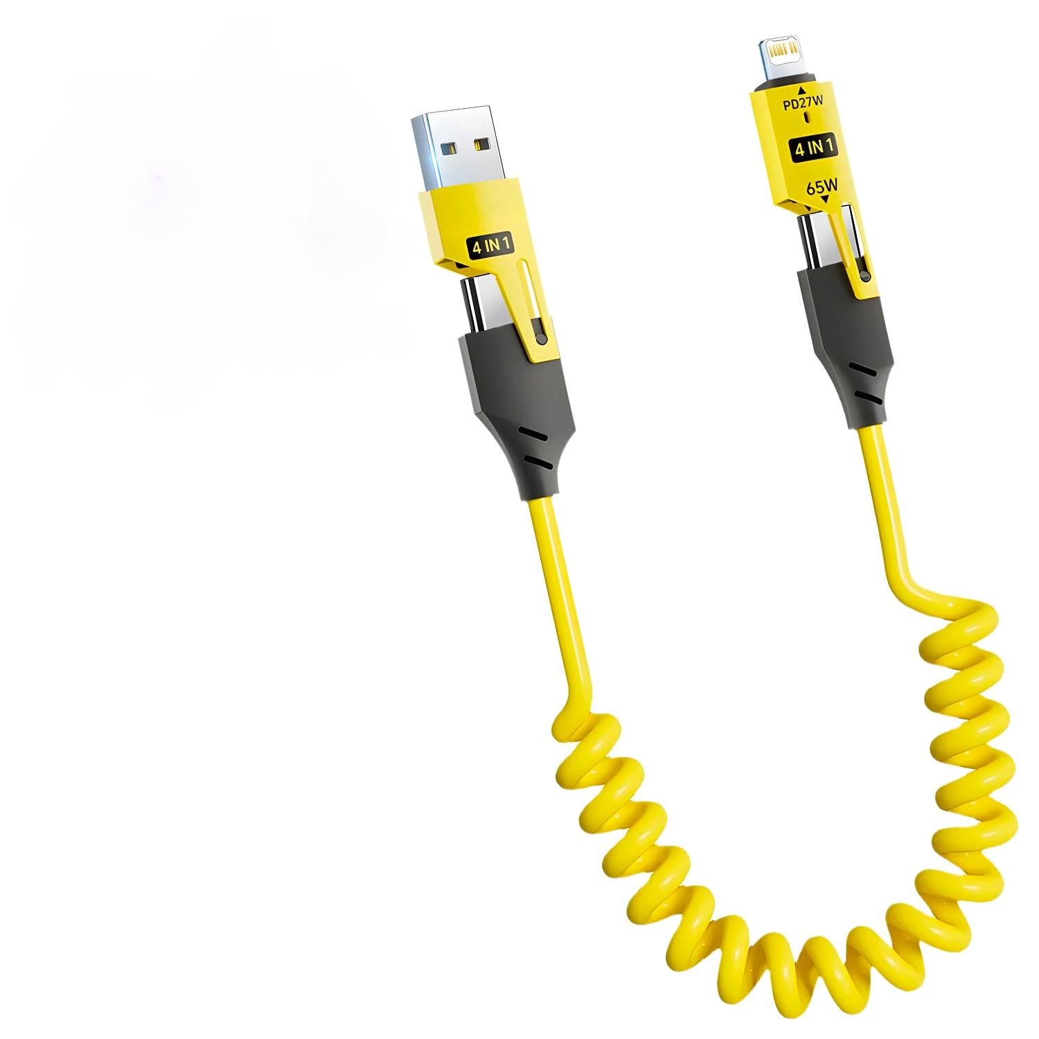 

1 шт. 4 в 1 65 Вт пружинный короткий кабель для передачи данных 6A USB пружинный телескопический быстрое зарядное устройство iPhone 15 14 13 12