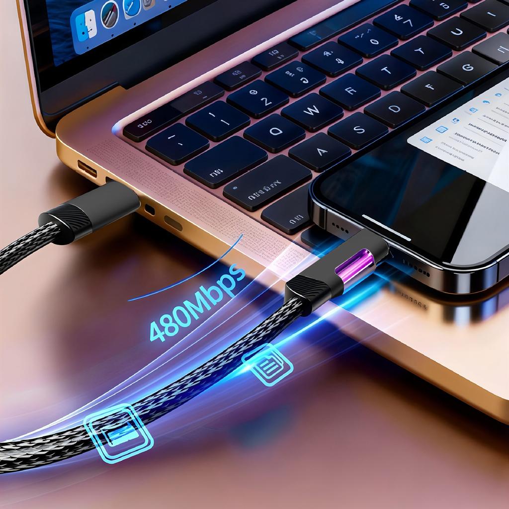 240W 6A RGB Fast Charging USB Type-C Cable - LED Ambient Light Nylon Braided Data Cord for Phone Fast Charge