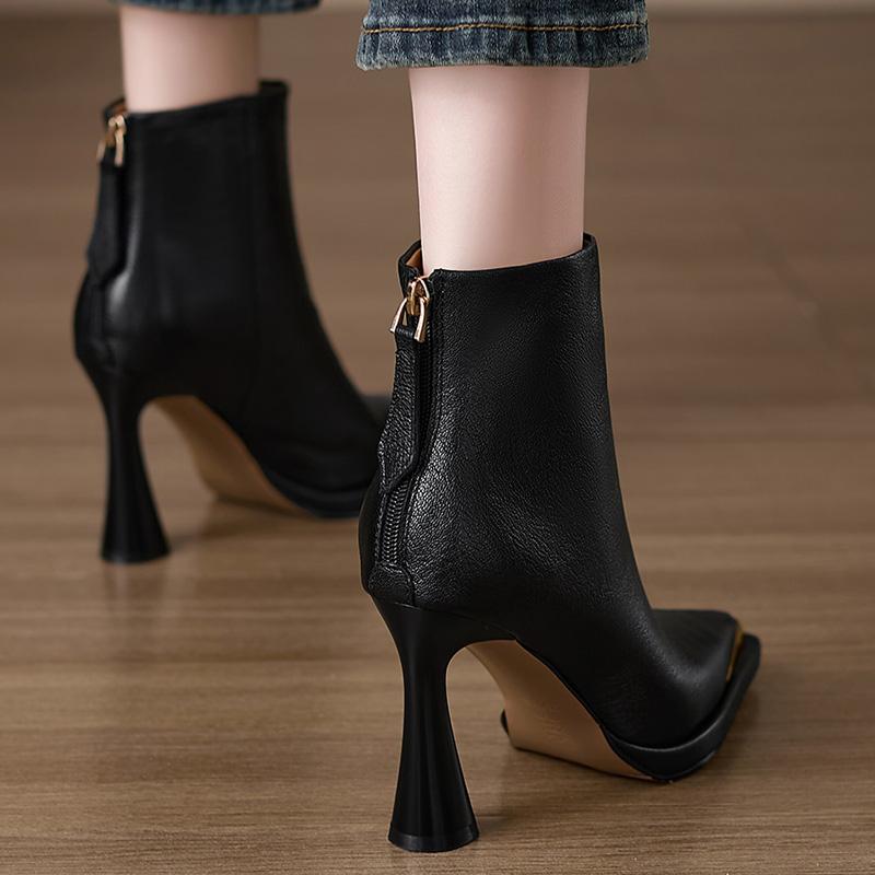 Design Style Metal Toe Women Ankle Boots Autumn Winter Slim Short Booties Fashion Back Zippers Square Heels Shoes