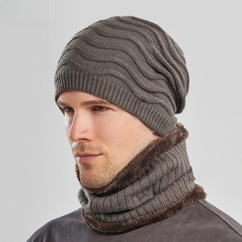 Knitted Hat Men Winter Warmth Windproof Cap Scarf Threepiece Set For Commuting