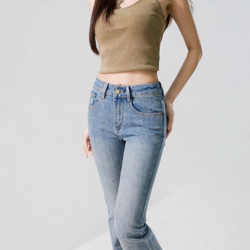 Spring Summer Full Star Rhinestone Bamboo Texture Vintage Mid Low Waist Micro Flare Elegant Denim Pants Women Casual Pants Oversize Denim Trousers