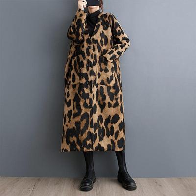Oversized Vintage Leopard Casual Loose Long Spring Autumn Coat for Women Jacket  Clothes Outerwear