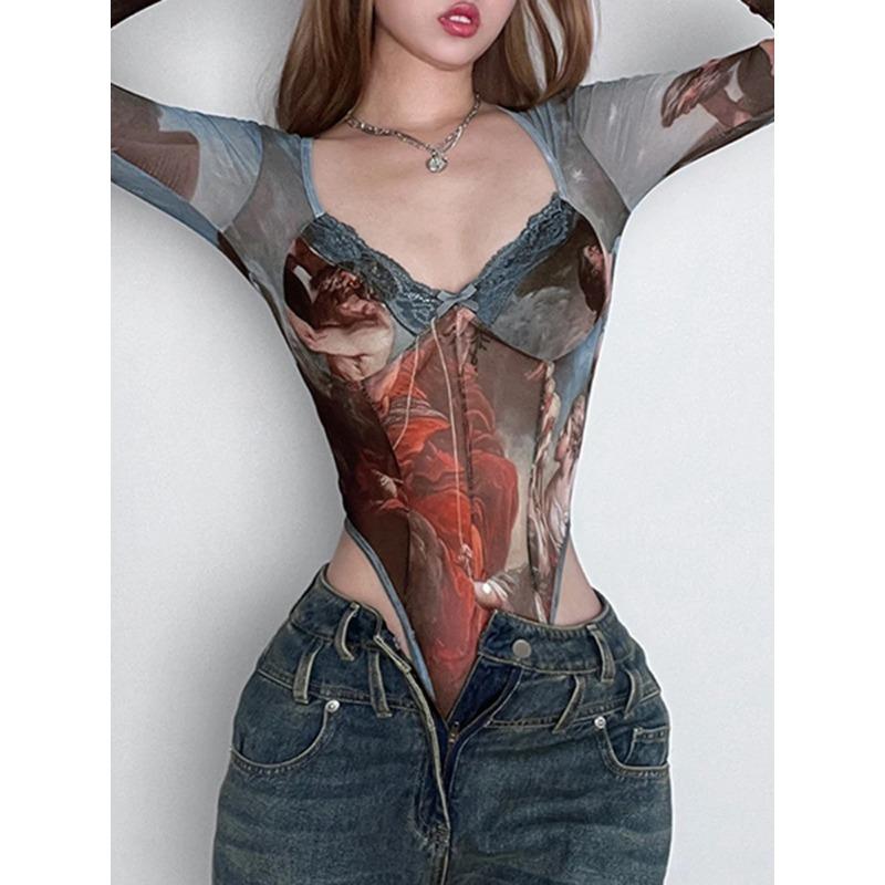 T-shirt da donna, body sexy in rete, top a maniche lunghe con fiocco vintage, da donna, maglietta da ragazza piccante, alla moda, con scollo quadrato