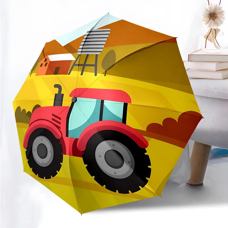 Cartoon-Traktor-Thema Faltbarer Regenschirm Mode Automatik-Öffnung 8 Eisenrippen Kunststoffgriff Faltbarer Sonnenschirm Perfekte Weihnachtsgeschenke