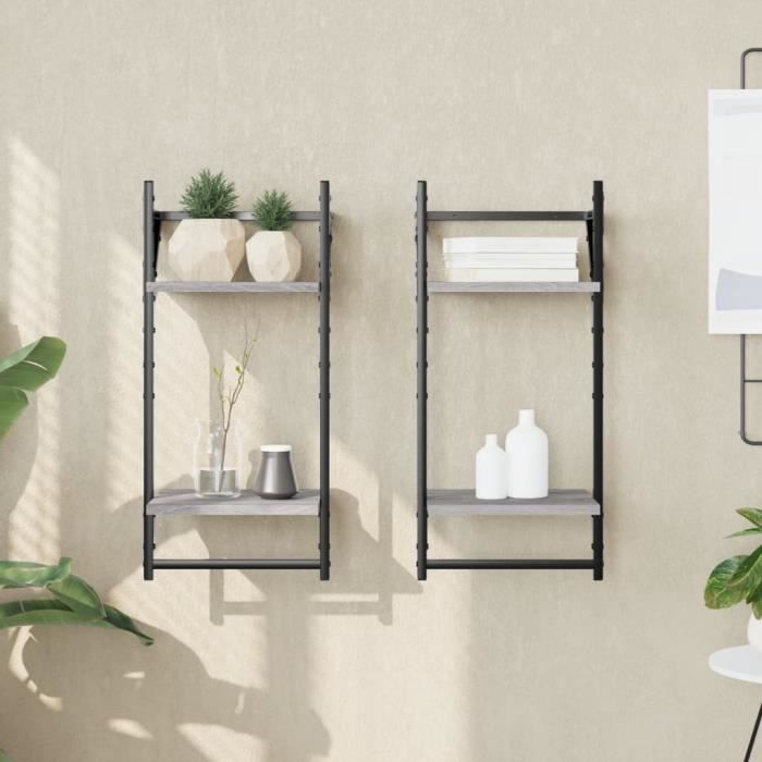 VidaXL Wall Shelves 2-Tier with Bars 2 Pcs Sonoma Grey 836256