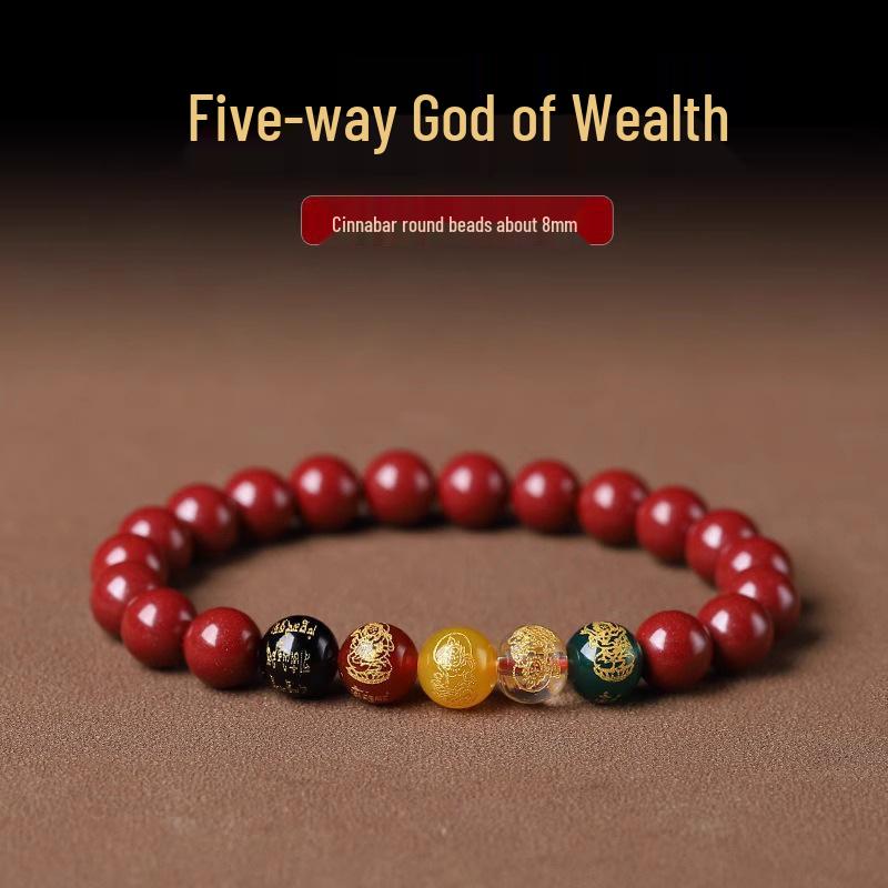 Imitation Cinnabar Luck-Turning Five-Way God of Wealth Bracelet with Purple Gold Sand for Men & Women
