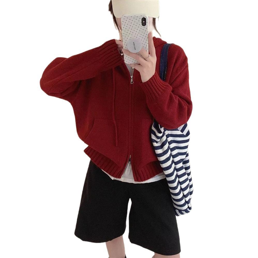 Solid-color Hooded Zipper Sweater Jacket, A New Laid-back Style Knitted Cardigan for Women In Autumn and Winter