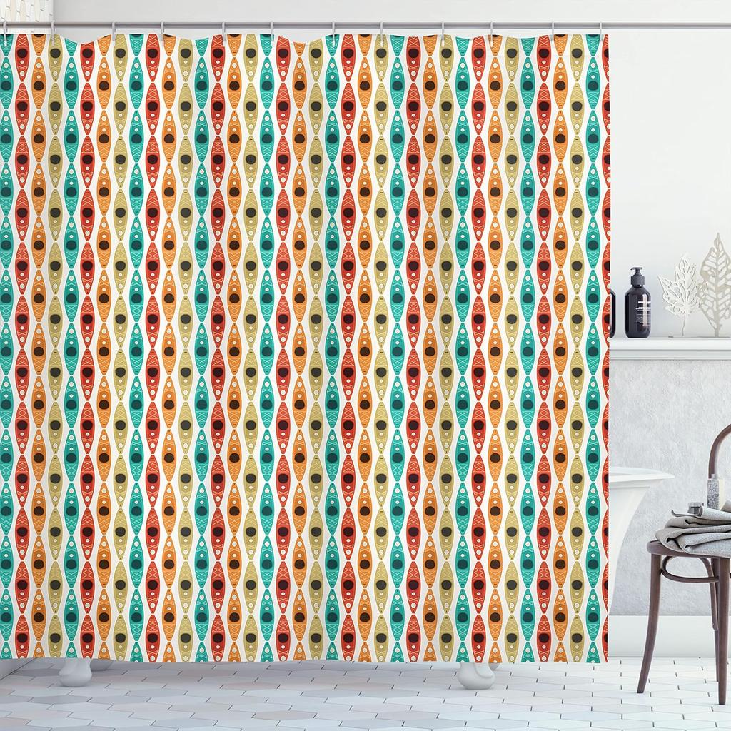 Retro Pattern Shower Curtain Geometric Design Colorful Abstract Art 1950S Style Bath Decor Waterproof Fabric Home Accessories