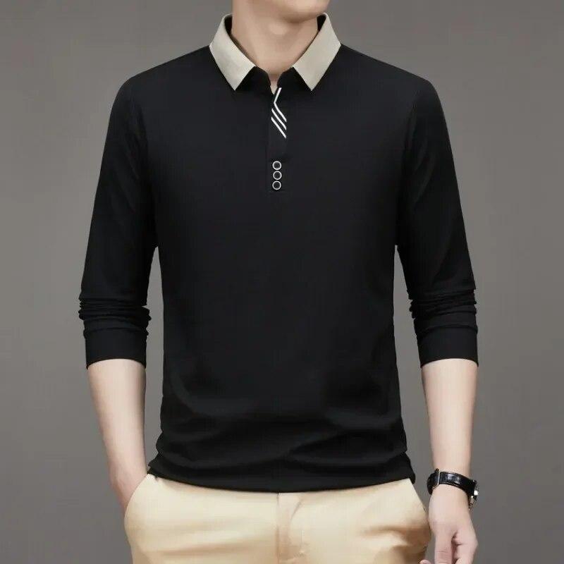 Herren Langarm Umlegekragen Waffel T-Shirt Business Casual Kontrastlinie Poloshirt