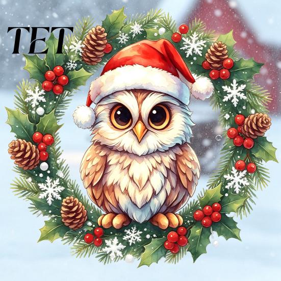 Creative Gift for Friends Christmas Owl Wreath Static Window Cling, Winter Holiday Glass Sticker, Removable Decals No?Glue Reusable Decal Home Shop