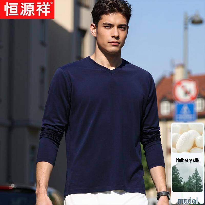 Men's Mulberry Silk Blend V-Neck Long-Sleeve T-Shirt