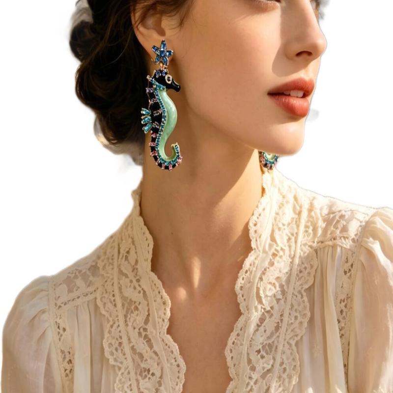 Personality Temperament Diamond Dripping Oil Seahorse Earrings Retro Animal Stud Earrings Cute Women'S Earrings Jewelry