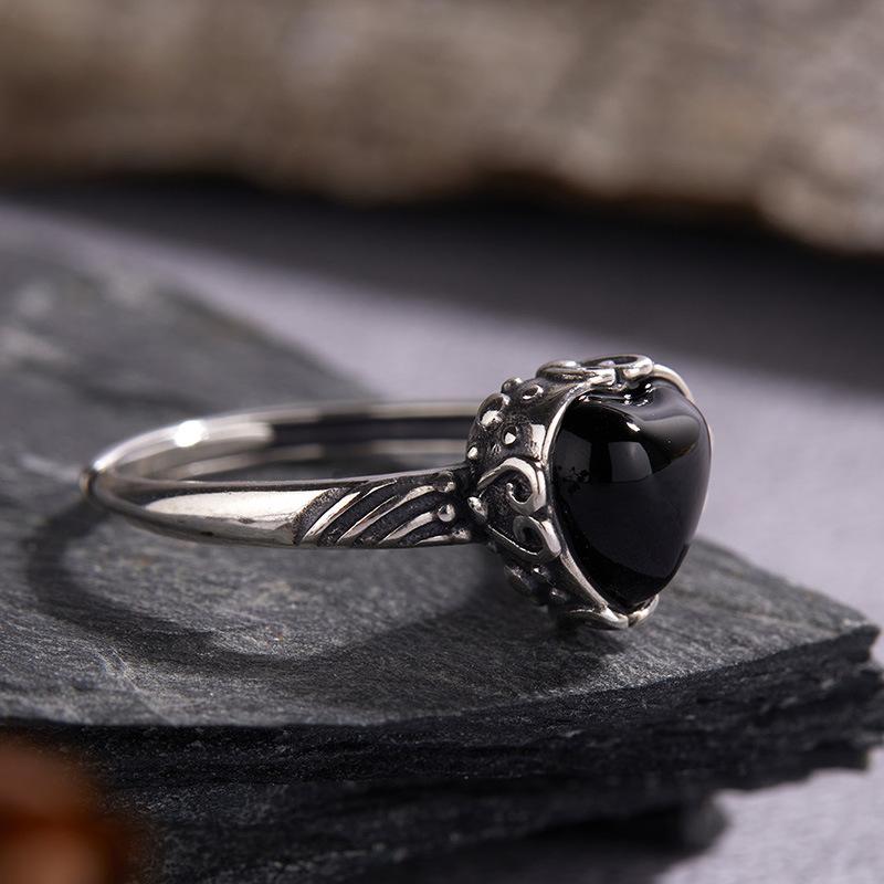 Orecchini in Argento Sterling S925 Anello Amore in Agata Nera Naturale Anello Aperto per Dito Indice Donna Personalità di Nicchia Argento Thailandese Retrò