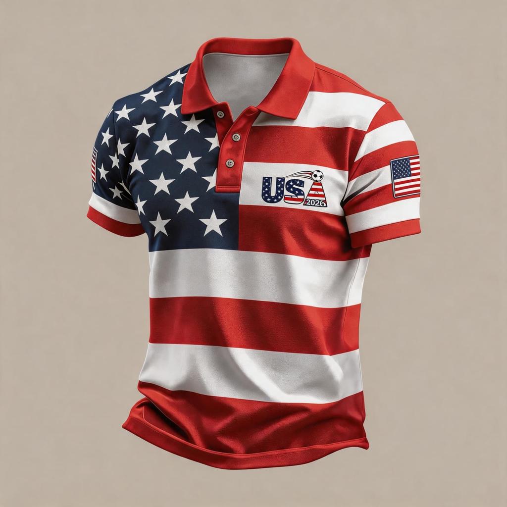 Men's Loose Fit Breathable Polo Shirt Short Sleeve Soccer Fanwear USA 2026 Embroidered Design Lightweight Mesh Fabric