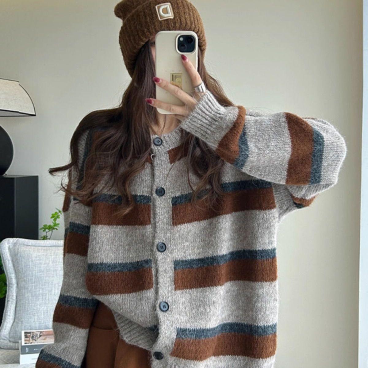 

Корейская версия Свободный Ленивый Стиль Повседневный Винтажный Цветной Блок Полосатый Вязаный Кардиган Свитер Женский Плащ XL