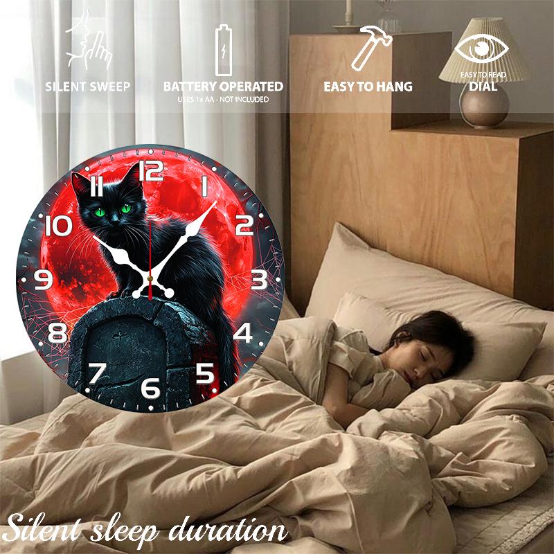 Cat Under Blood Moon Wooden Round Silent Hanging Wall Clock,Suitable For Living Room,Office,Study Room,Bedroom,Home Decoration