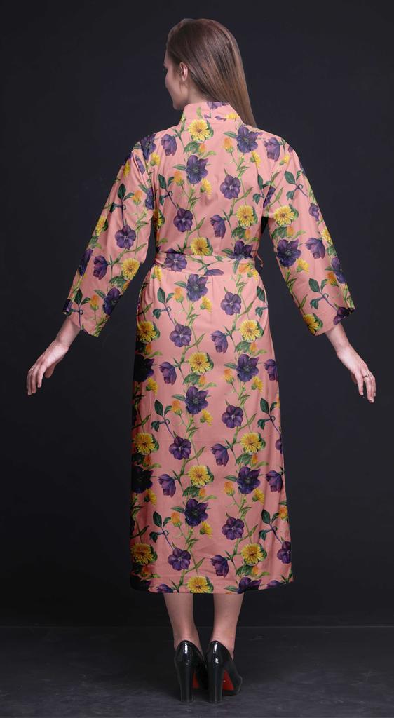 Bimba Light Purple Floral Leaves & Tazetta Daffodils Long Robes For Women Printed Bride Getting Ready Bridesmaid Robes Cotton Bathrobes